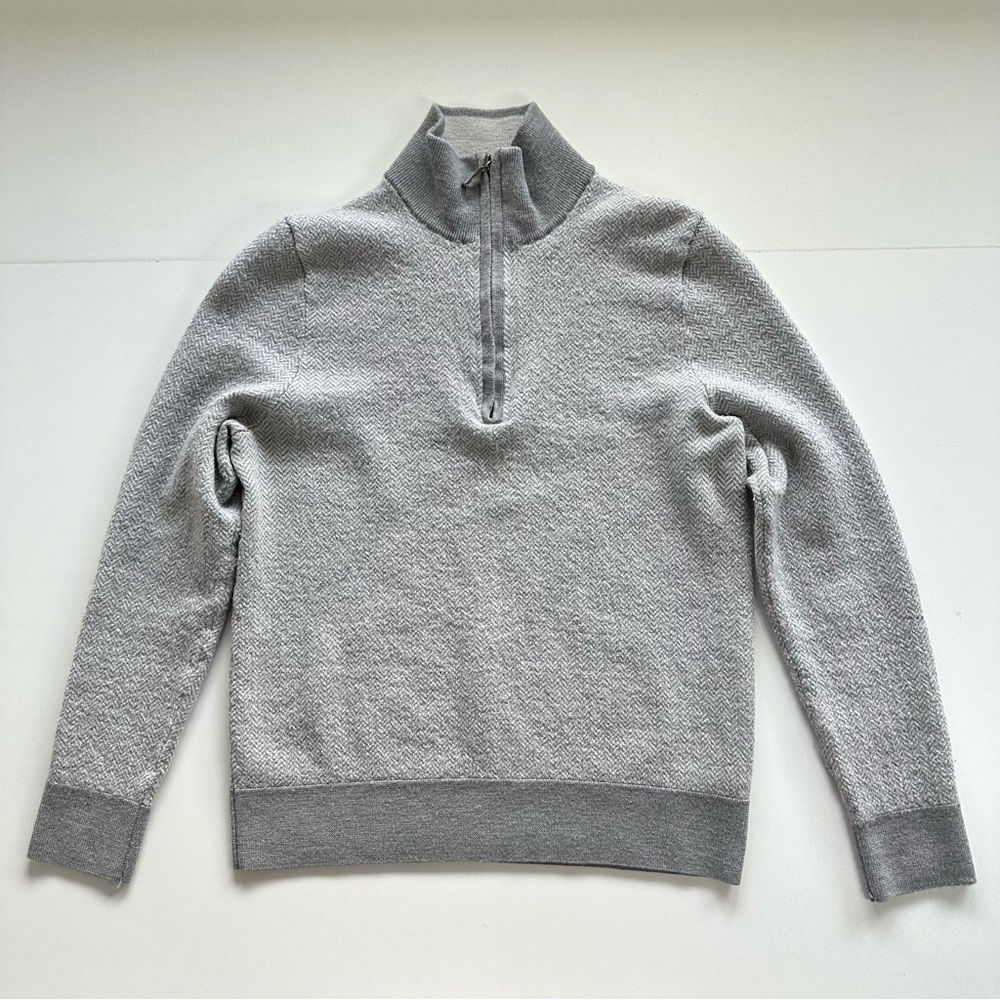Brooks Brothers Men Grey Size Medium Merino Wool 1/4 Zip Herringbone Sweater - Picture 4 of 14